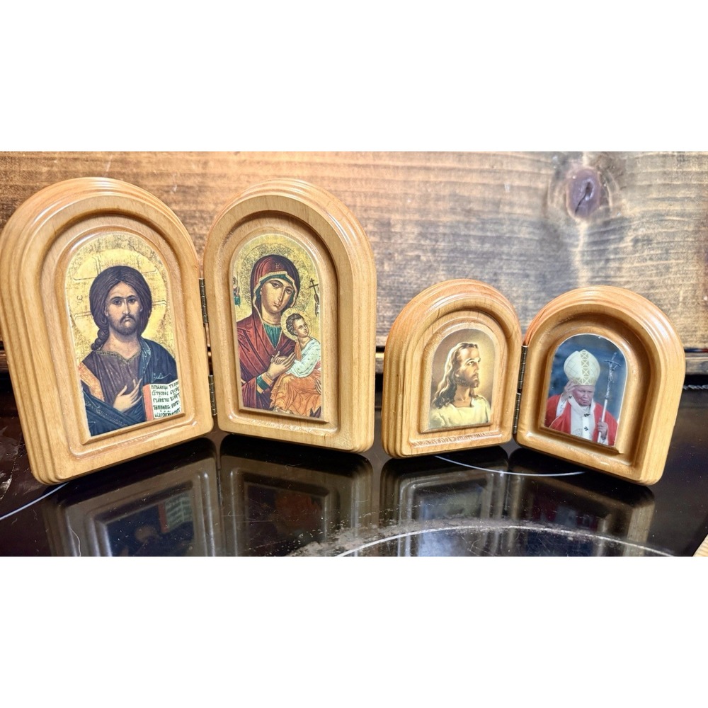 Vintage Christian Wood Diptych Icons Jesus Madonna Child Pope Lot of 2
